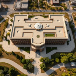 An aerial view of a large and expansive biophilic architecture building designed for a pathology organization, distinctly showcasing Iranian architectural features