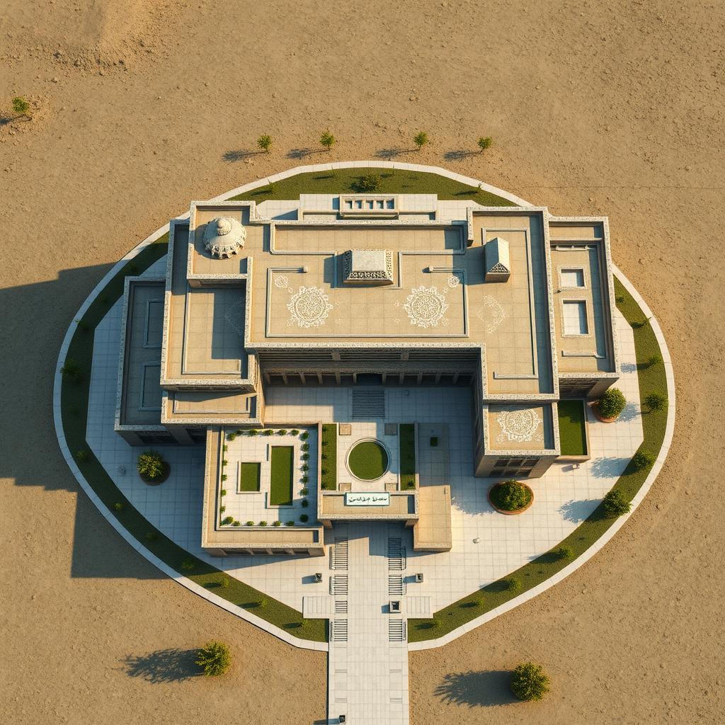 An aerial view of a large and expansive biophilic architecture building designed for a pathology organization, integrating traditional Iranian architectural features