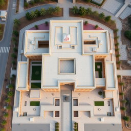 An aerial view of a large and expansive biophilic architecture building designed for a pathology organization, integrating traditional Iranian architectural features