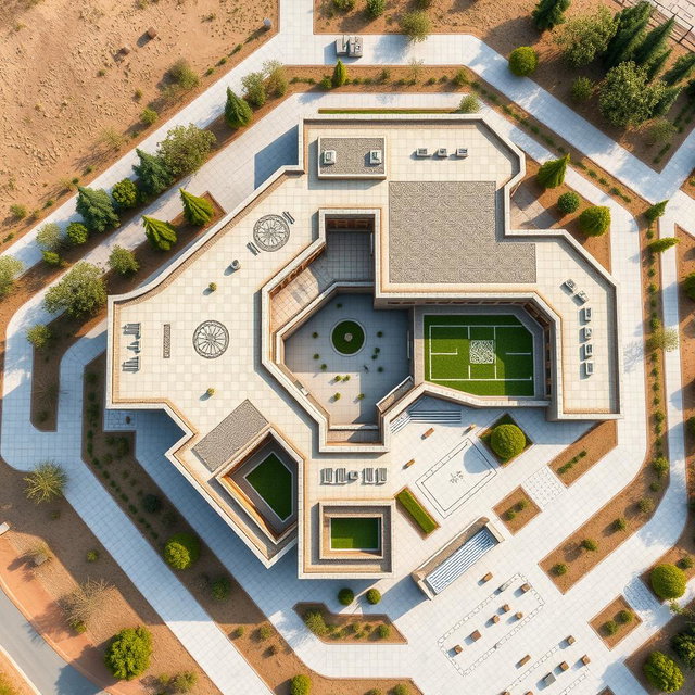 An aerial view of a large and expansive biophilic architecture building designed for a pathology organization, integrating traditional Iranian architectural features
