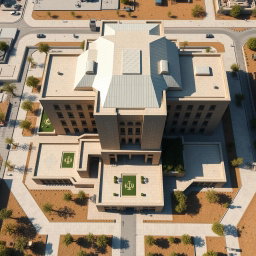 An aerial view of a large and expansive biophilic architecture building designed for a pathology organization, integrating traditional Iranian architectural features