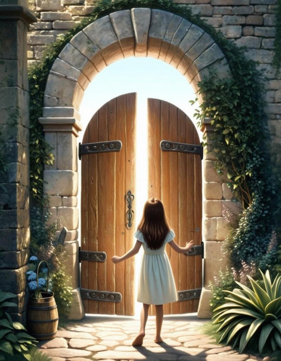 A photorealistic image of a 10-year-old girl with long brown hair, wearing a cream-colored dress and standing barefoot at the entrance of a stone archway in a castle wall