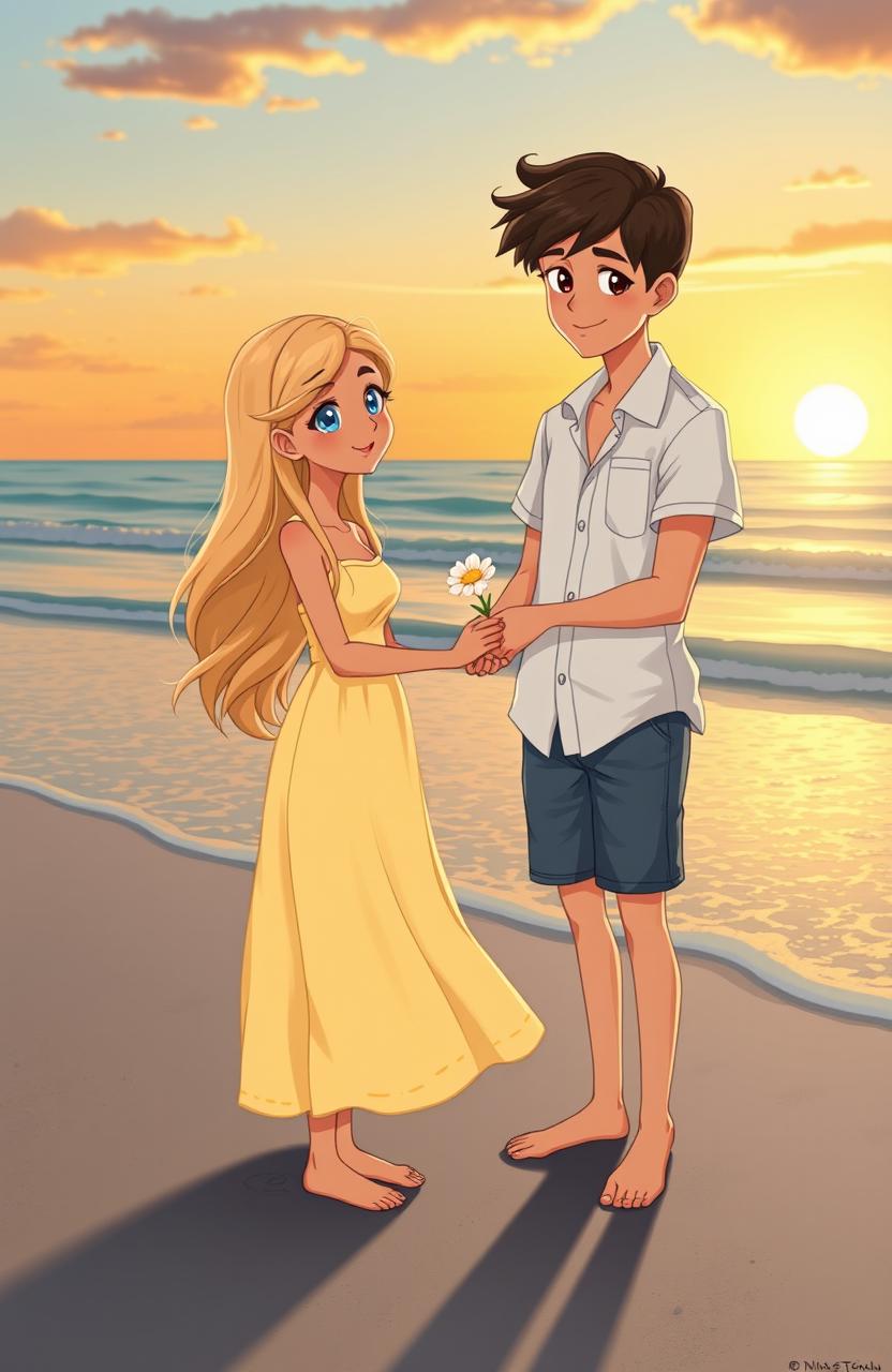A cute book cover featuring two characters standing on a beach at sunset