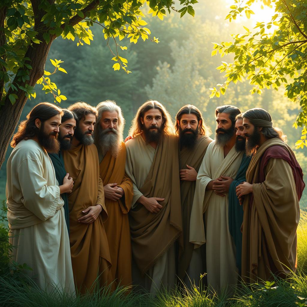 A depiction of the twelve disciples of Christ, gathered together in a serene, natural setting