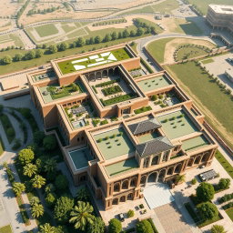 An aerial view of a large, expansive biophilic architecture building designed for a pathology organization that prominently features traditional Iranian architectural styles