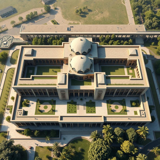 An aerial view of a large, expansive biophilic architecture building designed for a pathology organization that prominently features traditional Iranian architectural styles