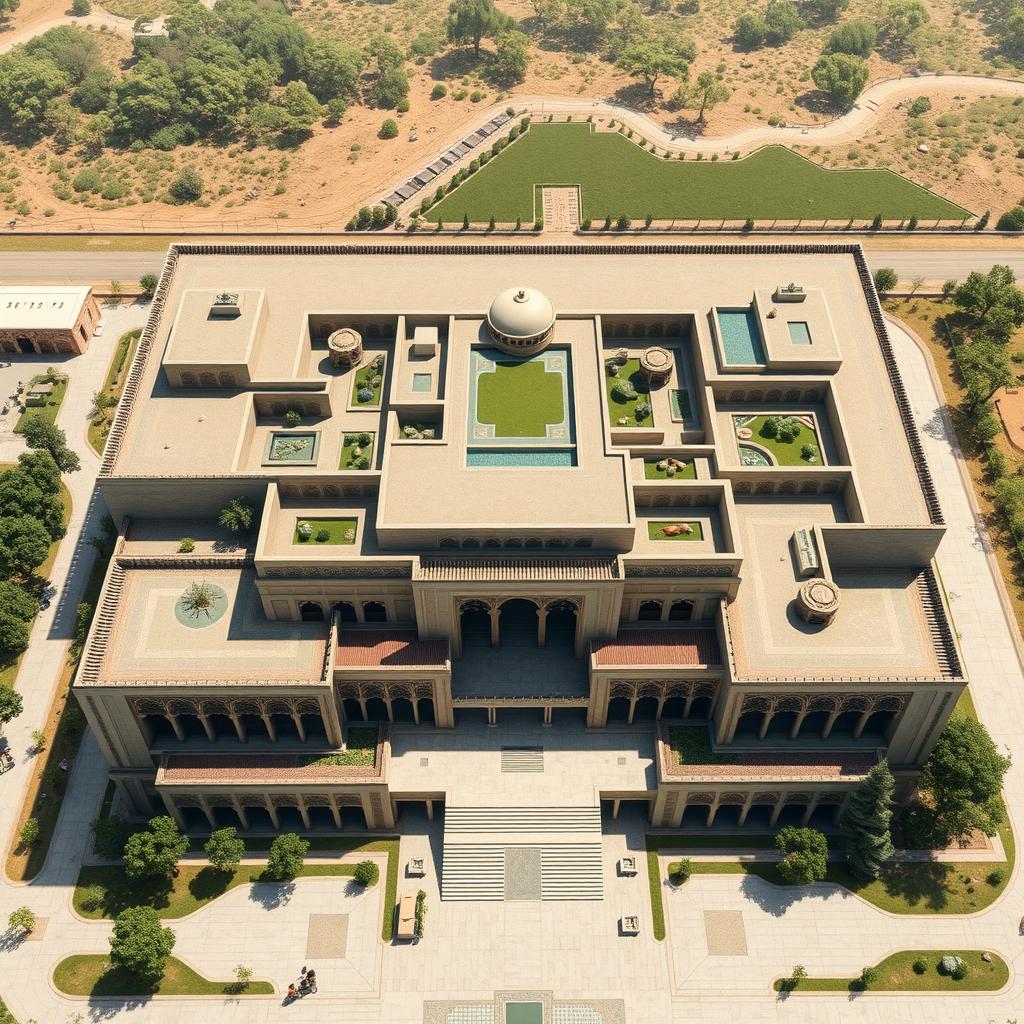 An aerial view of a large, expansive biophilic architecture building designed for a pathology organization that prominently features traditional Iranian architectural styles