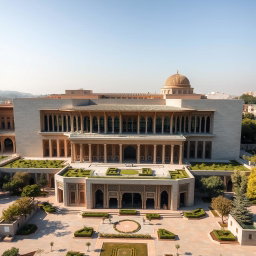 An aerial view of a large, expansive biophilic architecture building designed for a pathology organization that prominently features traditional Iranian architectural styles