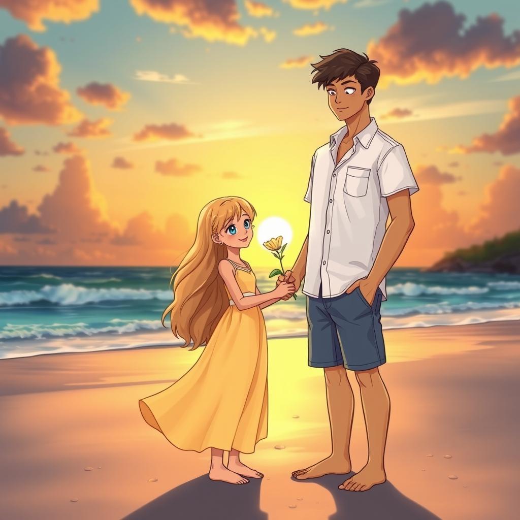 A cute book cover featuring two characters standing side by side on a beach during a beautiful sunset