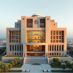 An aerial view of a large and expansive biophilic architecture building designed for a pathology organization, featuring distinct and recognizable Iranian architectural elements