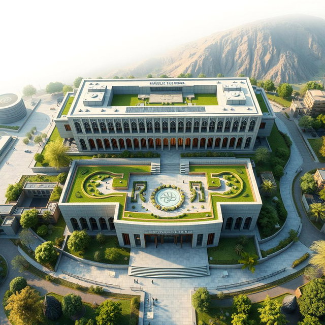An aerial view of a large and expansive biophilic architecture building designed for a pathology organization, featuring distinct and recognizable Iranian architectural elements