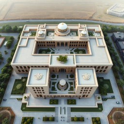 An aerial view of a large and expansive biophilic architecture building designed for a pathology organization, featuring distinct and recognizable Iranian architectural elements