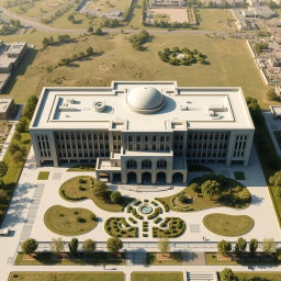 An aerial view of a large and expansive biophilic architecture building designed for a pathology organization, featuring distinct and recognizable Iranian architectural elements