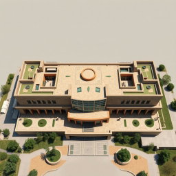 An aerial view of a large, expansive biophilic architecture building designed for a pathology organization, prominently featuring Iranian architectural elements