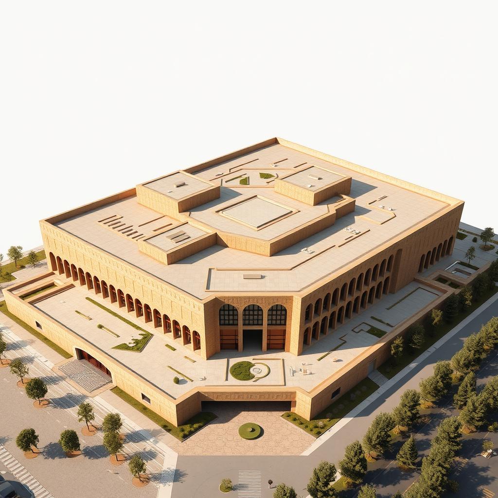 An aerial view of a large, expansive biophilic architecture building designed for a pathology organization, prominently featuring Iranian architectural elements