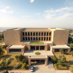 An aerial view of a large, expansive biophilic architecture building designed for a pathology organization, prominently featuring Iranian architectural elements