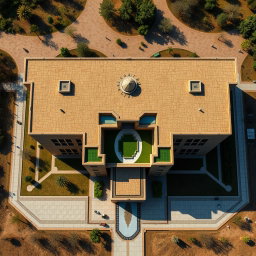 An aerial view of a large, expansive biophilic architecture building designed for a pathology organization, prominently featuring Iranian architectural elements