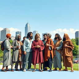 A contemporary portrayal of twelve modern-day disciples of Christ, each representing diverse backgrounds, cultures, and styles