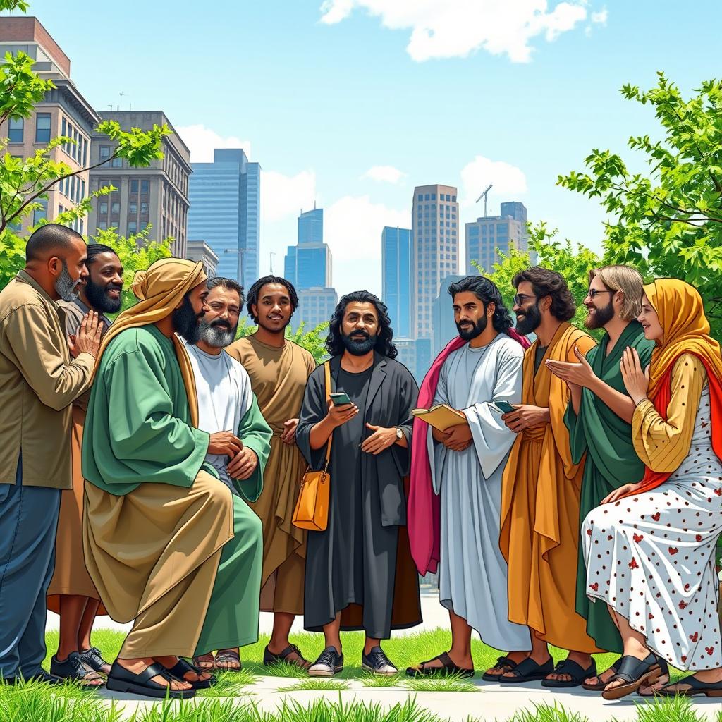 A contemporary portrayal of twelve modern-day disciples of Christ, each representing diverse backgrounds, cultures, and styles