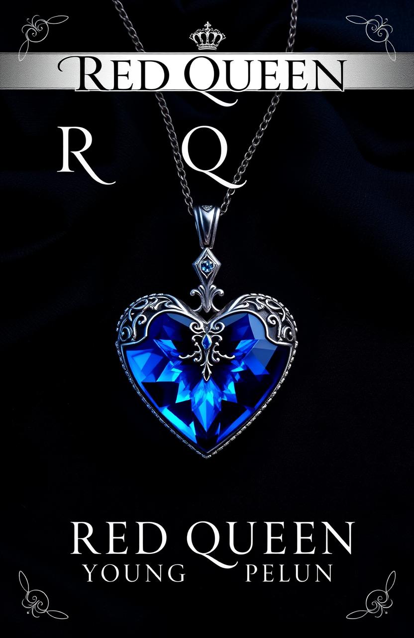 A book cover design inspired by the style of 'Red Queen', featuring a striking blue heart pendant as the central focus