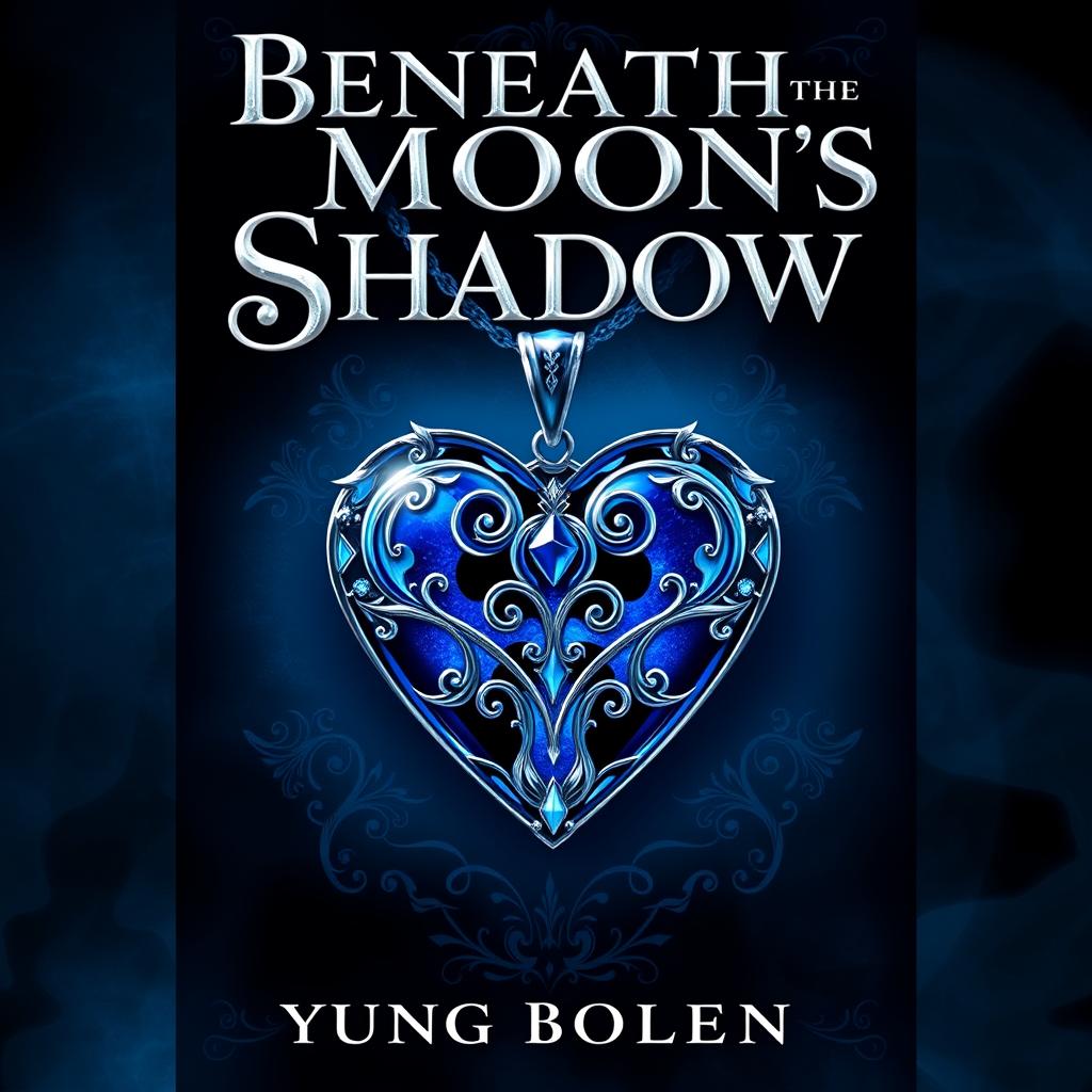 A book cover design inspired by the style of 'Red Queen', featuring a striking blue heart pendant as the central focus, prominently displayed against a dark, enchanting background