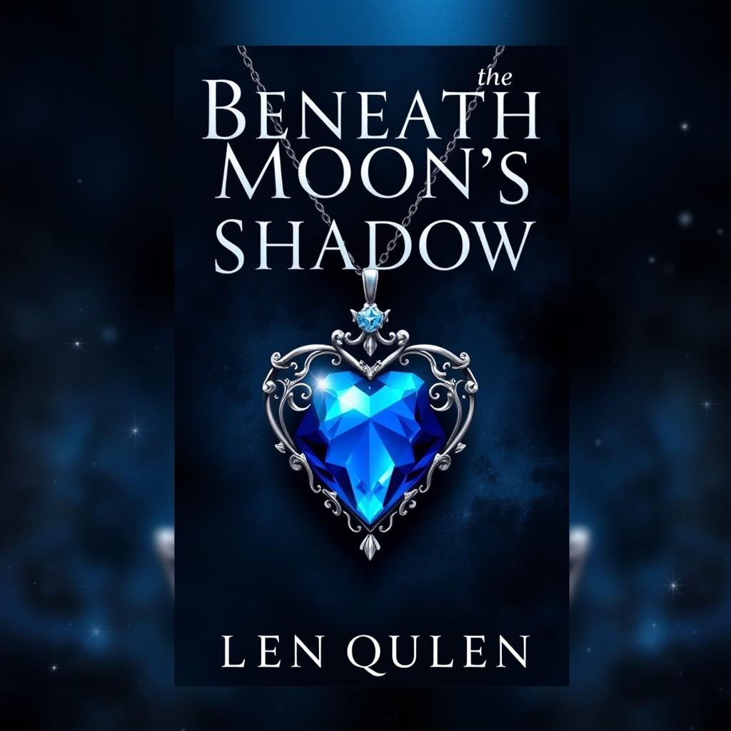 A book cover design inspired by the style of 'Red Queen', prominently featuring a stunning blue heart pendant as the centerpiece