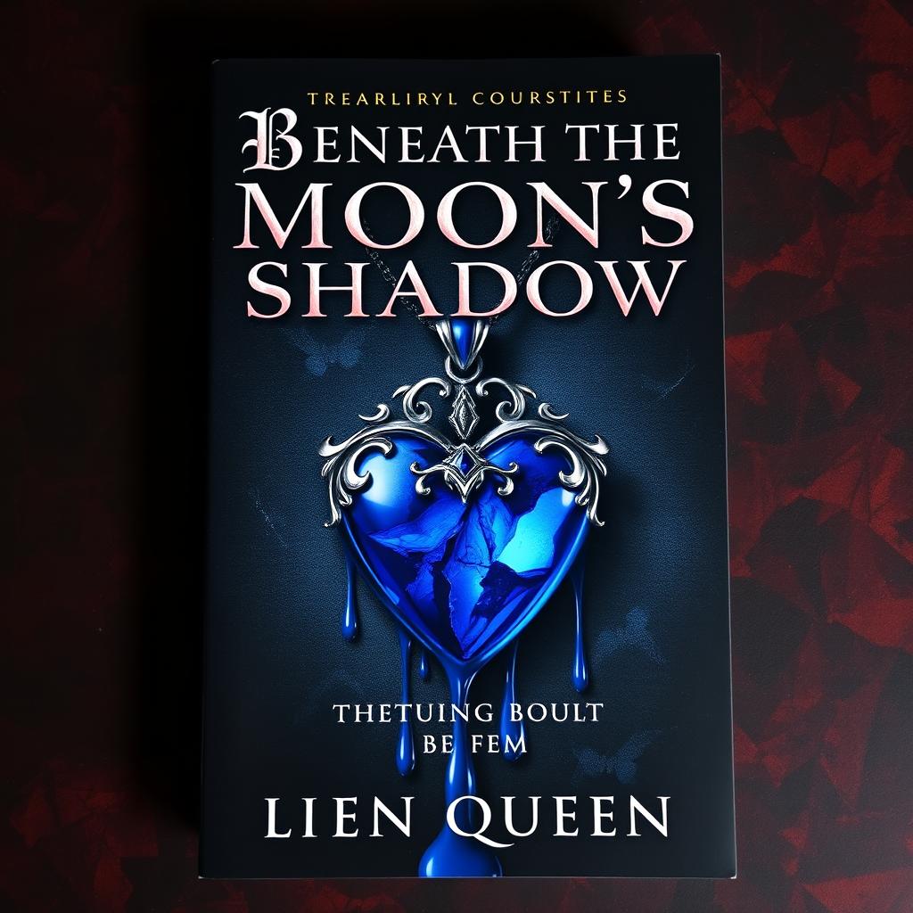 A captivating book cover design inspired by 'Red Queen', prominently featuring a stunning blue heart pendant at the center