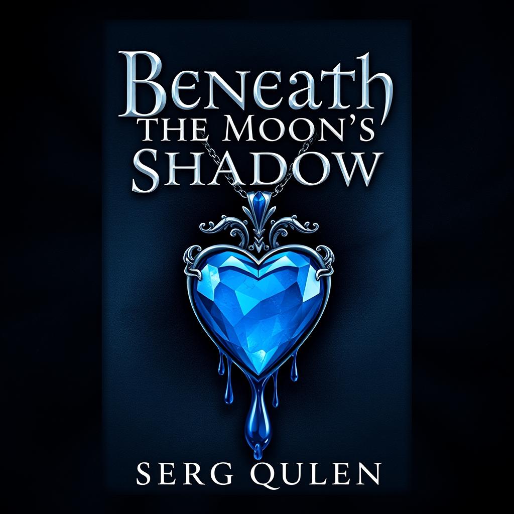A book cover design inspired by the style of 'Red Queen', prominently featuring a stunning blue heart pendant at the center, with blue blood dripping from it, creating a striking and dramatic effect
