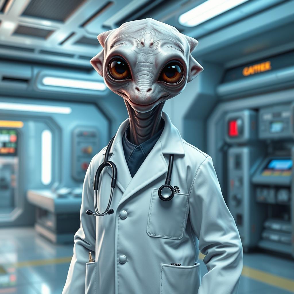 A Xexto, a unique Star Wars species known for their multi-limbed, elongated body and a distinctive head shape, dressed in a doctor's coat