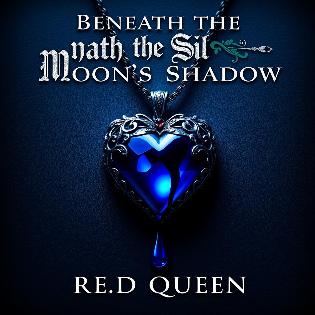 A hyper-realistic book cover design inspired by 'Red Queen', showcasing a striking blue heart pendant at the center, with vivid blue blood dripping from it, creating a dramatic and eye-catching effect
