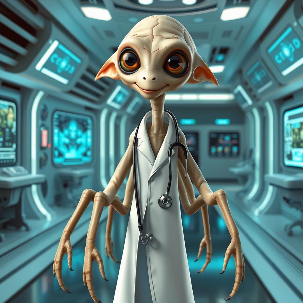 A Xexto, a sentient species from Star Wars characterized as slight and spindly, with six limbs, depicted as a doctor