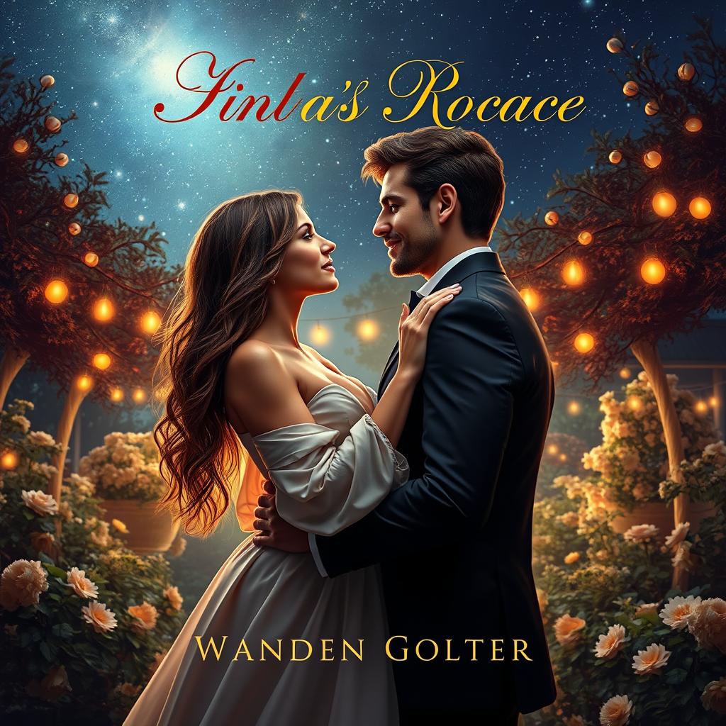 A captivating romance book cover featuring two lovers in a passionate embrace under a starry night sky, surrounded by a lush, blooming garden