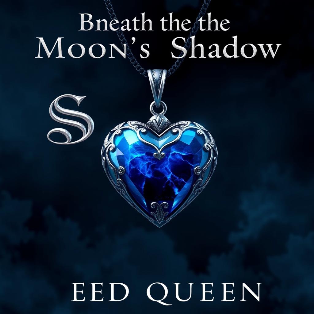 A visually stunning book cover design inspired by 'Red Queen', featuring a realistic blue heart pendant prominently displayed at the center
