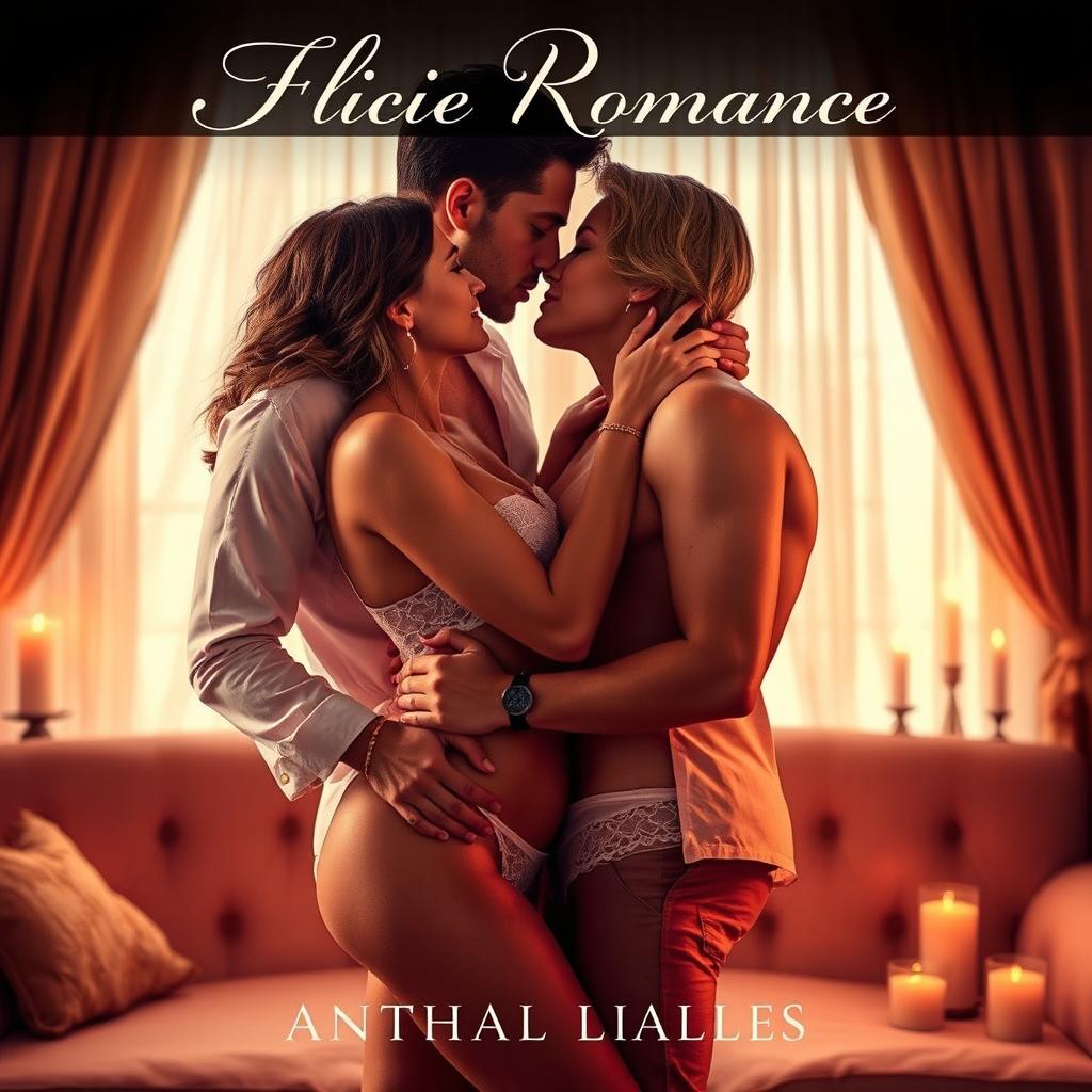An alluring romance book cover featuring a couple in an intimate, passionate embrace in a softly lit room