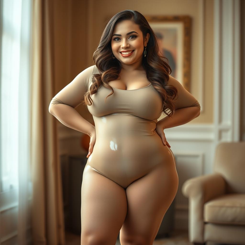 Celebrate Confidence: Pear-Shaped Dwarf in Glossy Beige Pantyhose
