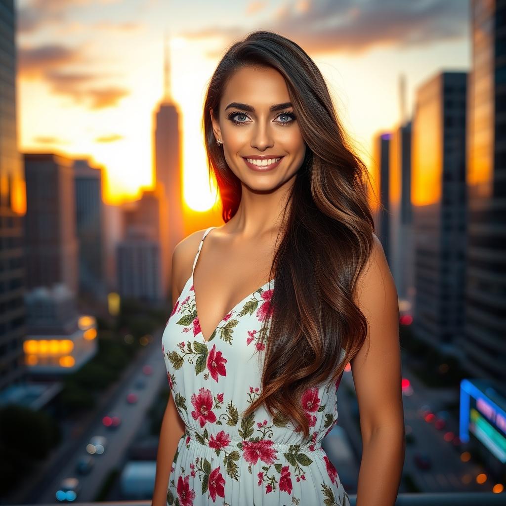 A stunning brunette woman standing confidently in a vibrant cityscape at sunset