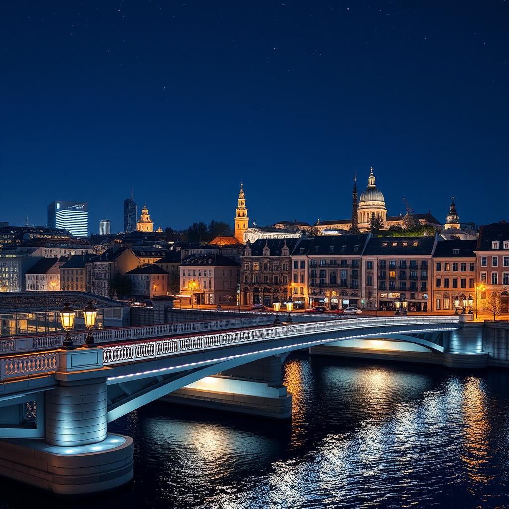 A stunning modern European city at night, featuring a beautiful bridge illuminated with enchanting lights