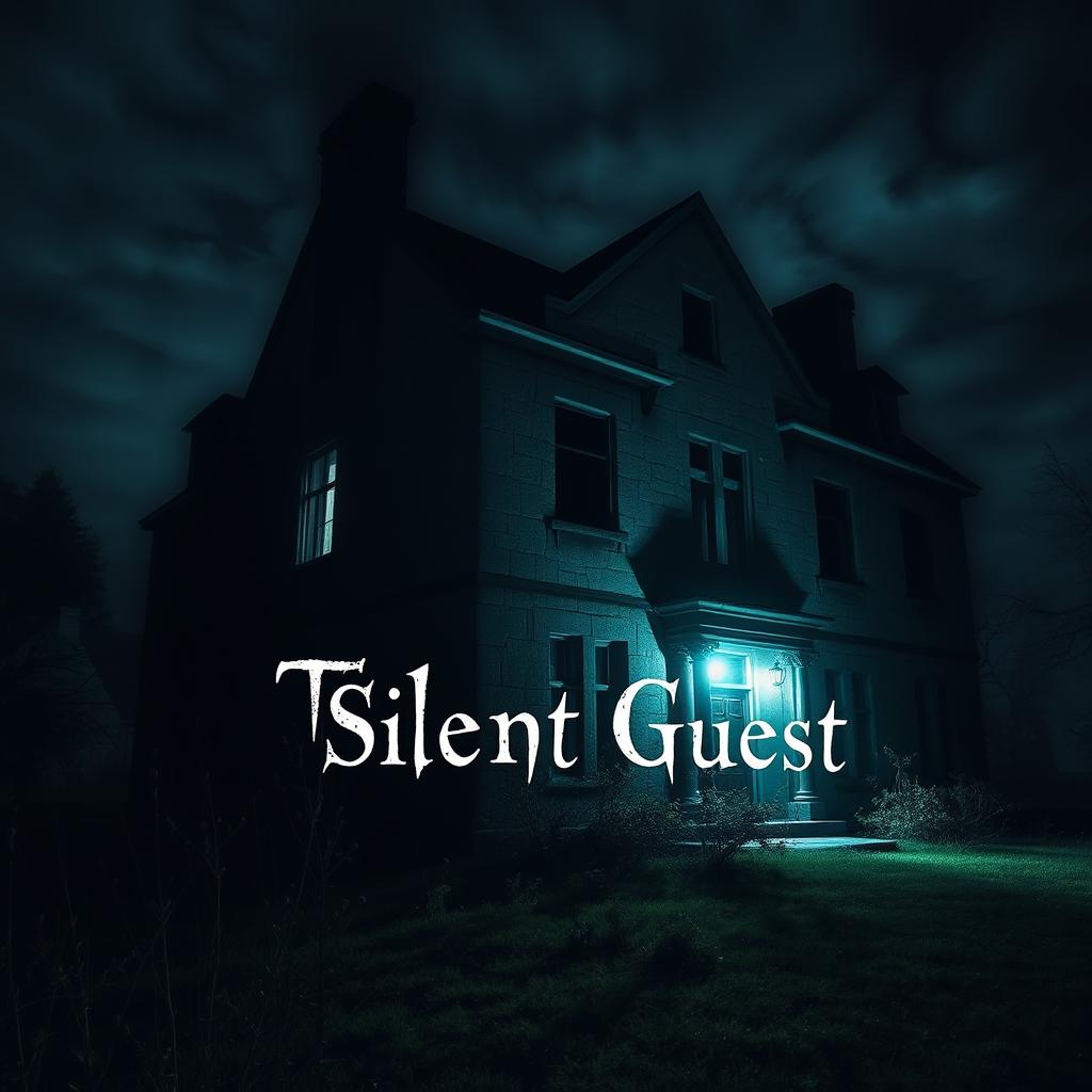 A creepy old abandoned manor house at night, illuminated by dark, flickering lights that create haunting shadows across the cracked stone façade