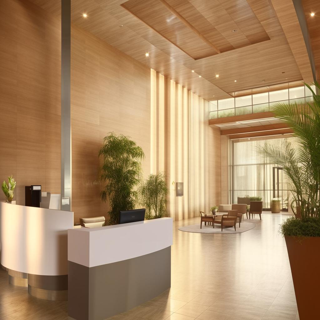 An elegant and spacious reception area with modern decoration, comfortable seating, high ceilings, and a welcoming front desk. It is well-lit with natural light and contains some indoor plants for a refreshing feel.