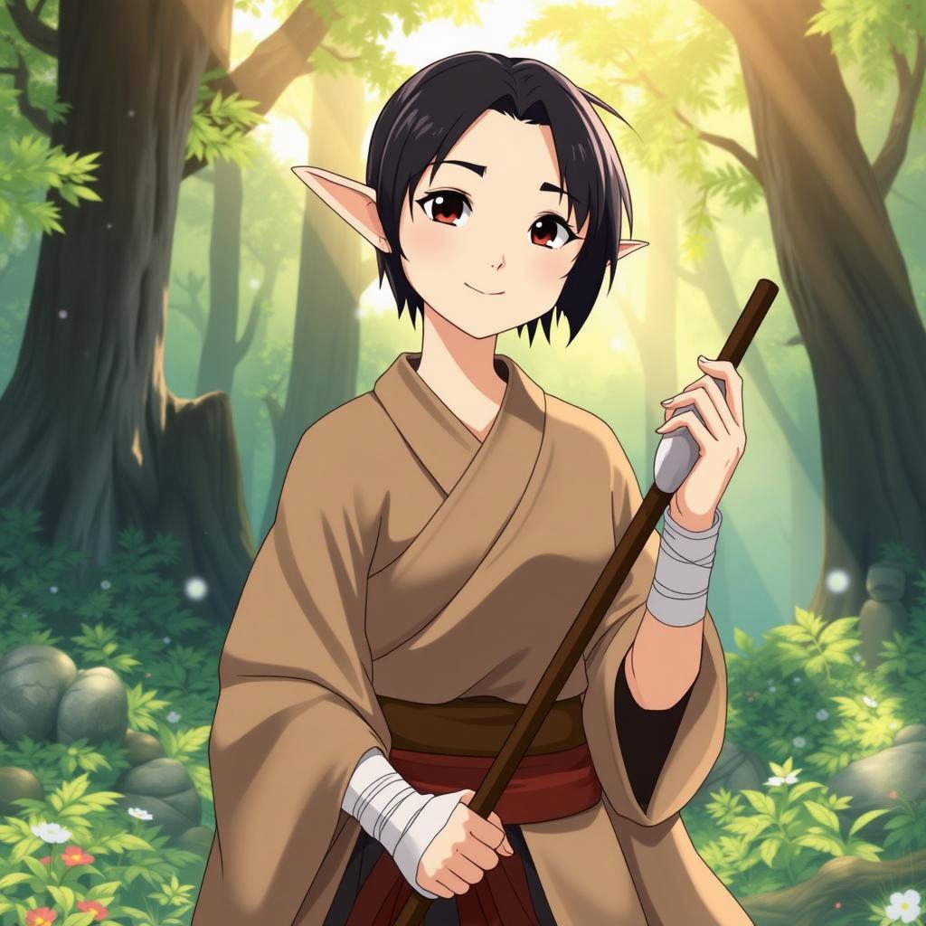 A forest elf martial artist in her thirties, depicted in a Studio Ghibli anime style