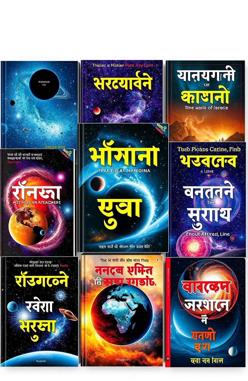 A collection of beautiful astronomy book covers prominently featuring the word 'বাংলা' (Bangla) in their title or description