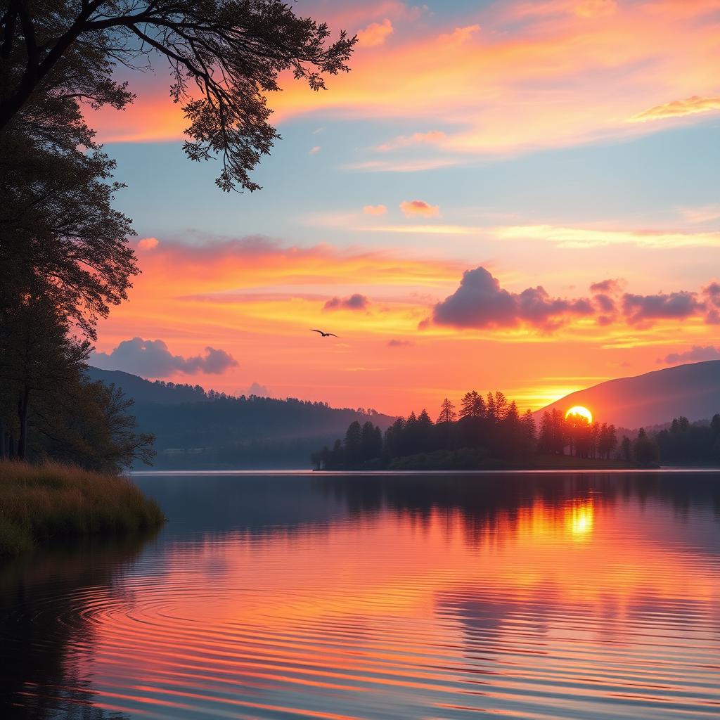 A serene landscape featuring a beautiful sunset over a calm lake, surrounded by lush trees and soft rolling hills