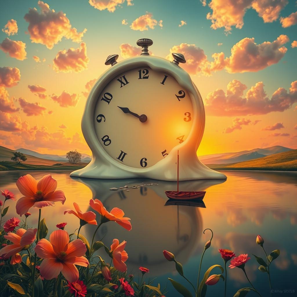 A surreal landscape with vibrant colors, featuring a giant clock melting over a serene lake
