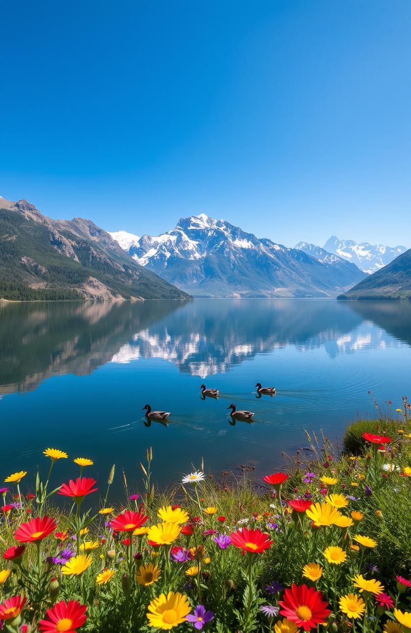 A breathtaking landscape featuring a serene lake surrounded by majestic mountains under a clear blue sky