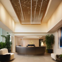 An elegant and spacious reception area with modern decoration, comfortable seating, high ceilings, and a welcoming front desk. It is well-lit with natural light and contains some indoor plants for a refreshing feel.