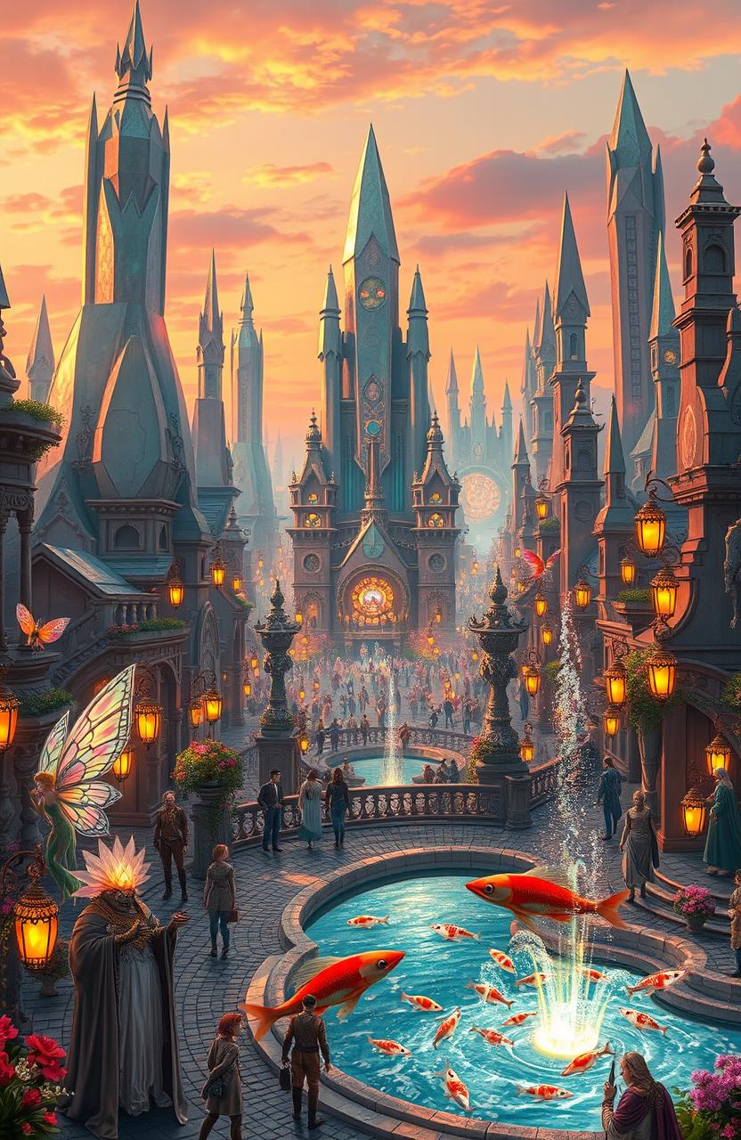 A vibrant, detailed fantasy cityscape at sunset, featuring towering crystal structures reflecting the orange and pink hues of the sky