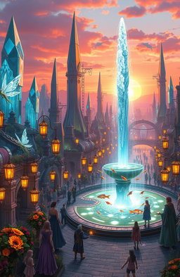 A vibrant, detailed fantasy cityscape at sunset, featuring towering crystal structures reflecting the orange and pink hues of the sky