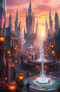A vibrant, detailed fantasy cityscape at sunset, featuring towering crystal structures reflecting the orange and pink hues of the sky