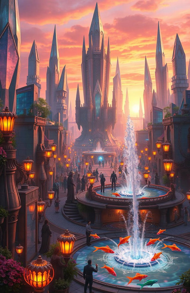 A vibrant, detailed fantasy cityscape at sunset, featuring towering crystal structures reflecting the orange and pink hues of the sky