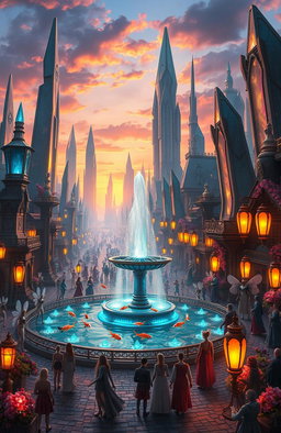 A vibrant, detailed fantasy cityscape at sunset, featuring towering crystal structures reflecting the orange and pink hues of the sky